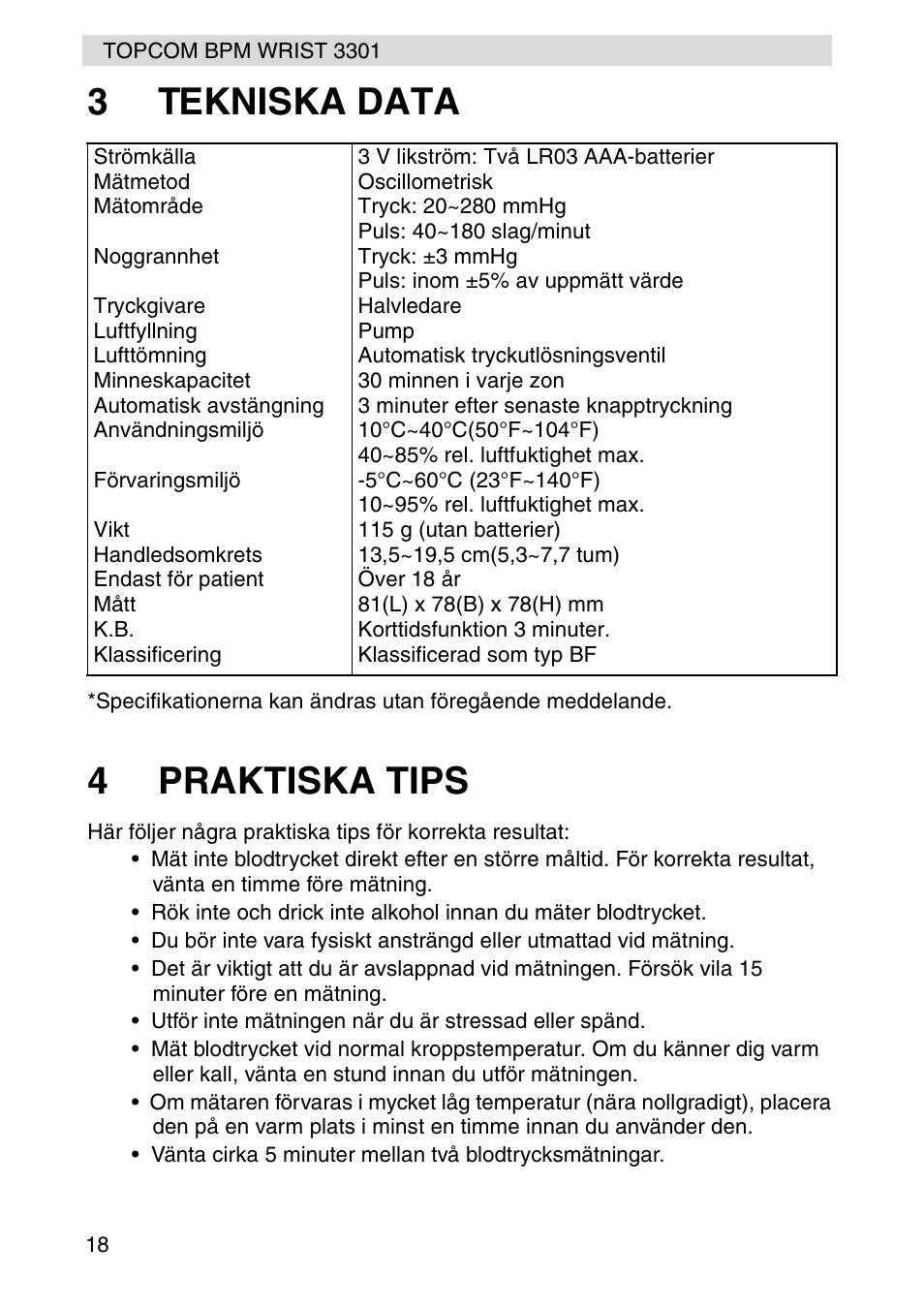 3tekniska data, 4praktiska tips | Topcom WRIST 3301 User Manual | Page 18 / 68