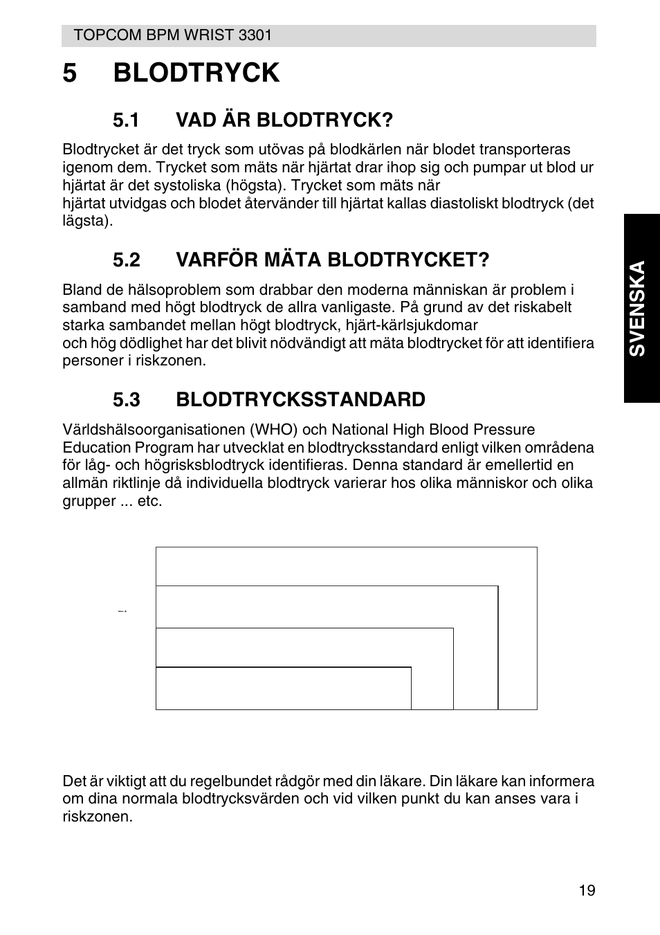 5blodtryck, Stage 2 hypertension, Stage 1 hypertension | Normal, Prehypertension, Svenska, 1 vad är blodtryck, 2 varför mäta blodtrycket, 3 blodtrycksstandard | Topcom WRIST 3301 User Manual | Page 19 / 68