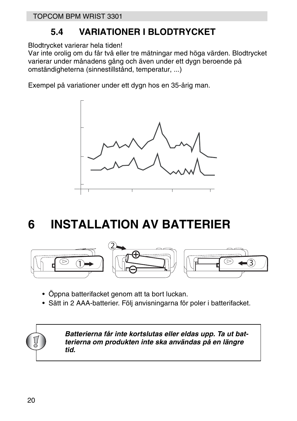 6installation av batterier, 4 variationer i blodtrycket | Topcom WRIST 3301 User Manual | Page 20 / 68