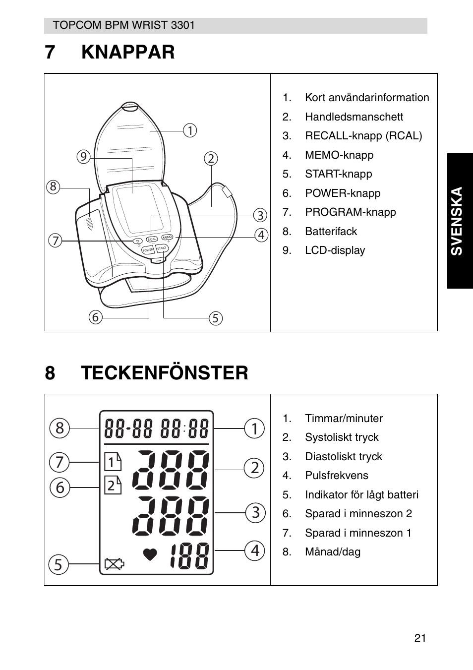 7knappar 8 teckenfönster | Topcom WRIST 3301 User Manual | Page 21 / 68