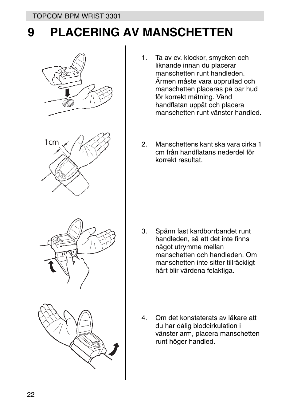 9placering av manschetten | Topcom WRIST 3301 User Manual | Page 22 / 68