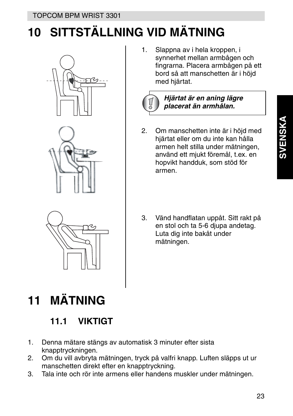 10 sittställning vid mätning 11 mätning | Topcom WRIST 3301 User Manual | Page 23 / 68