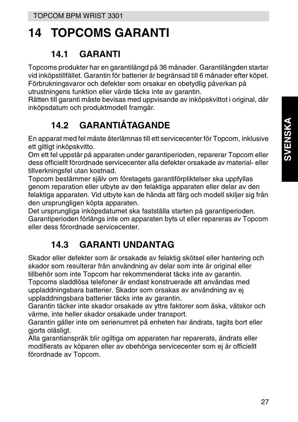 14 topcoms garanti | Topcom WRIST 3301 User Manual | Page 27 / 68