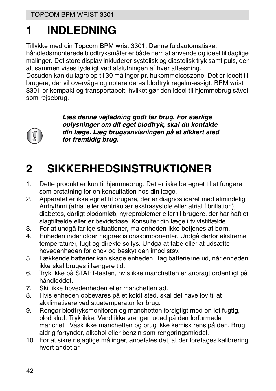 1indledning, 2sikkerhedsinstruktioner | Topcom WRIST 3301 User Manual | Page 30 / 68