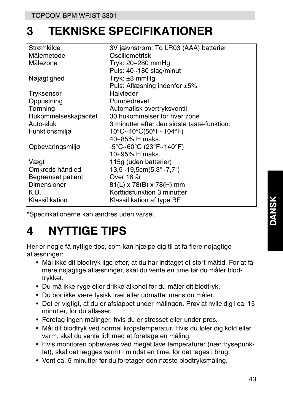 3tekniske specifikationer, 4nyttige tips | Topcom WRIST 3301 User Manual | Page 31 / 68