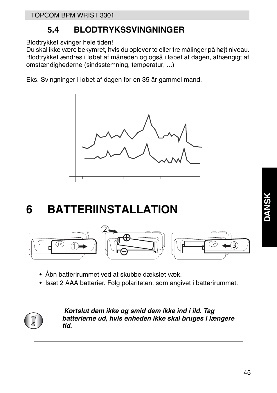 6batteriinstallation, Dansk 5.4 blodtrykssvingninger | Topcom WRIST 3301 User Manual | Page 33 / 68