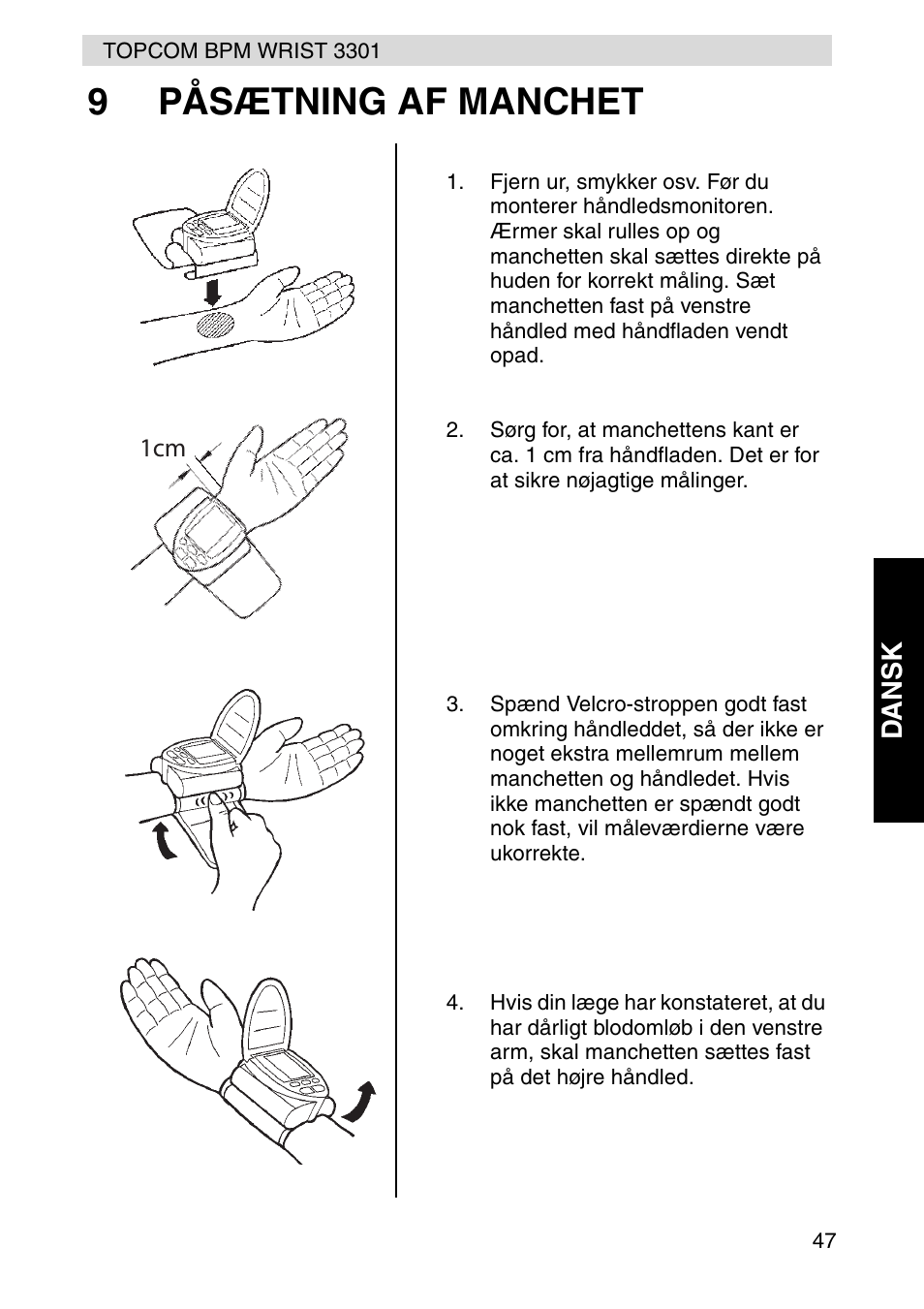 9påsætning af manchet | Topcom WRIST 3301 User Manual | Page 35 / 68