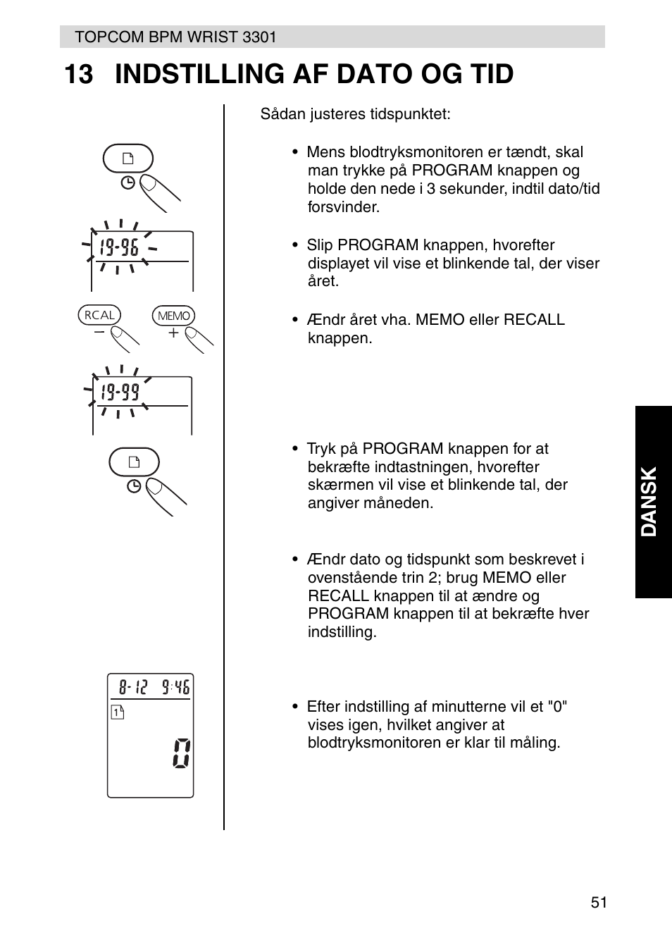 13 indstilling af dato og tid, Dansk | Topcom WRIST 3301 User Manual | Page 39 / 68