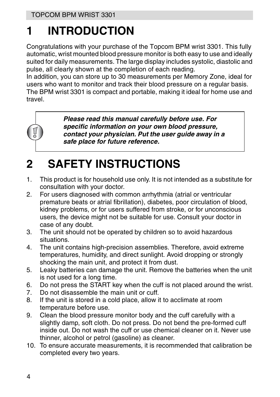 1introduction, 2safety instructions | Topcom WRIST 3301 User Manual | Page 4 / 68