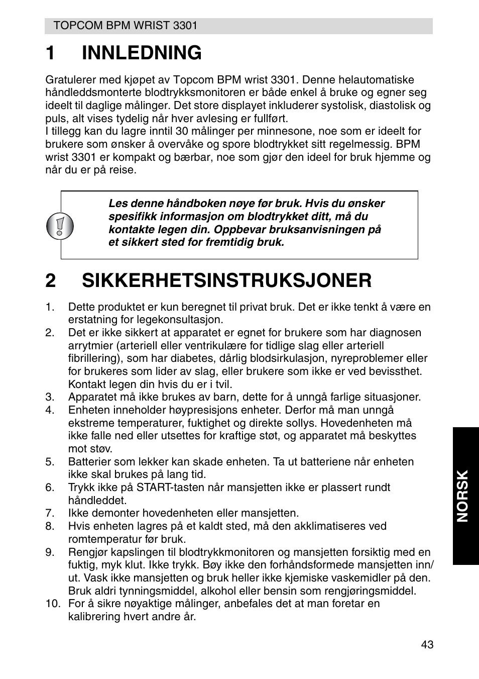 1innledning, 2sikkerhetsinstruksjoner, Norsk | Topcom WRIST 3301 User Manual | Page 43 / 68