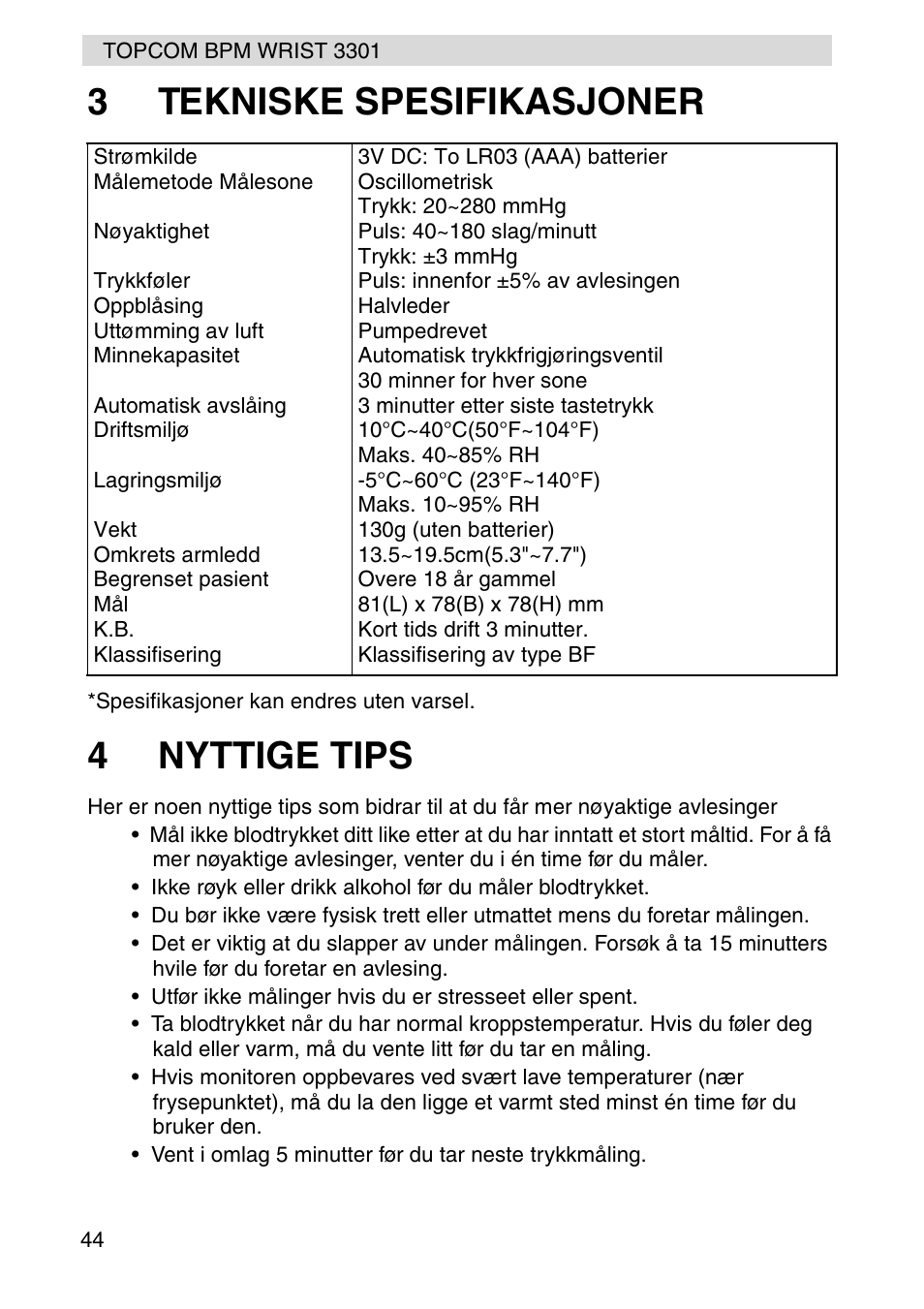 3tekniske spesifikasjoner, 4nyttige tips | Topcom WRIST 3301 User Manual | Page 44 / 68
