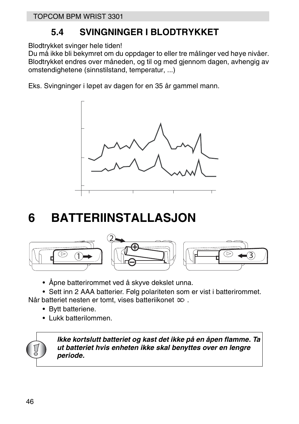 6batteriinstallasjon, 4 svingninger i blodtrykket | Topcom WRIST 3301 User Manual | Page 46 / 68