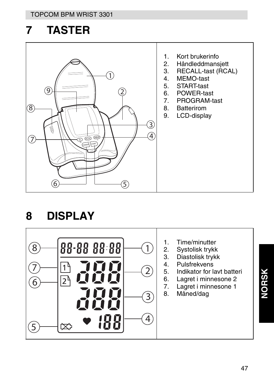 7taster 8 display | Topcom WRIST 3301 User Manual | Page 47 / 68