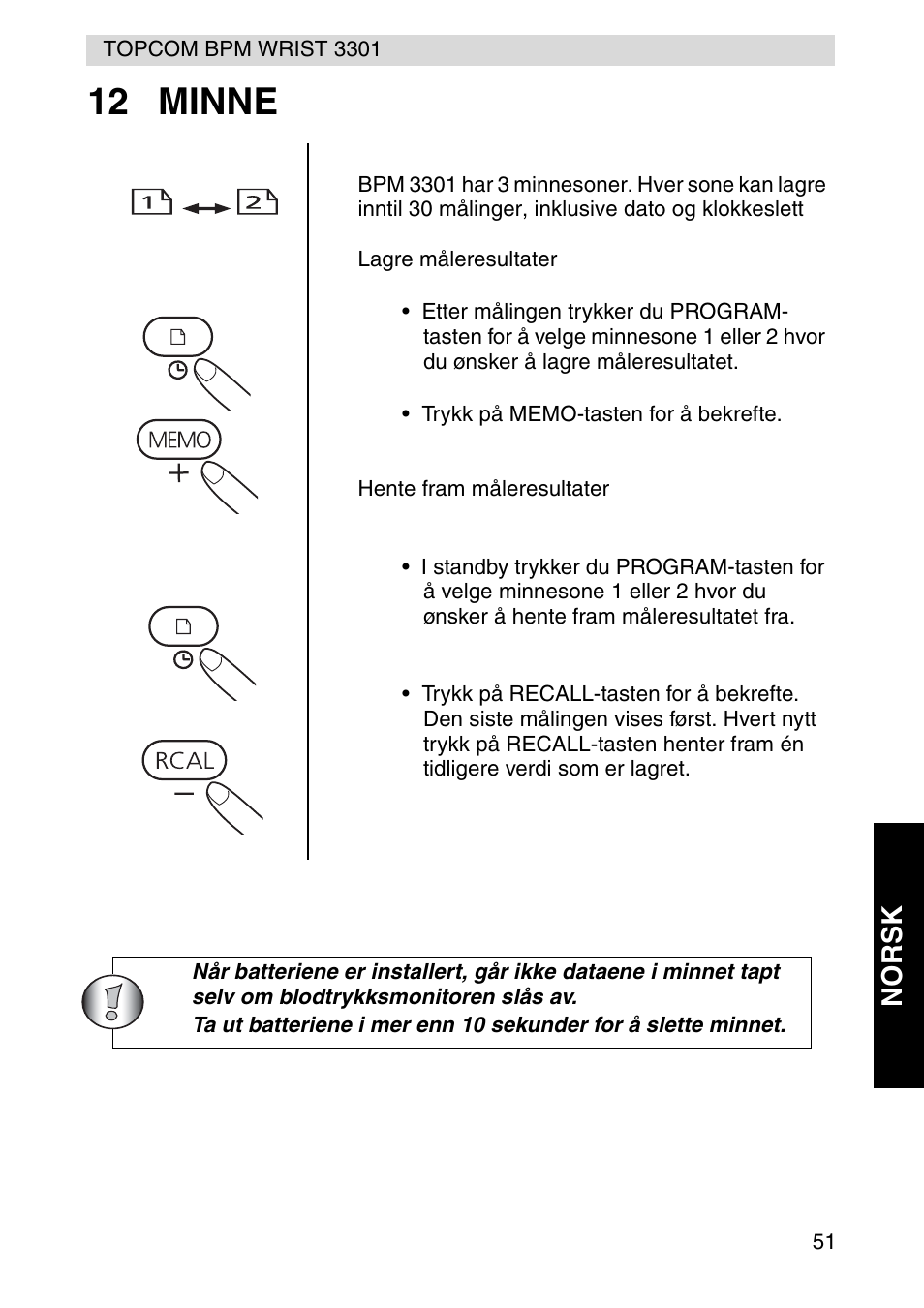 12 minne, Norsk | Topcom WRIST 3301 User Manual | Page 51 / 68