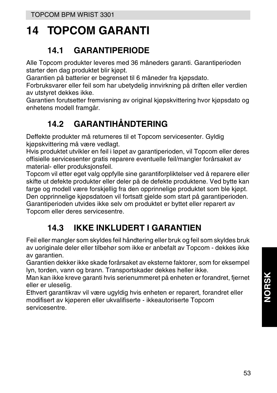 14 topcom garanti | Topcom WRIST 3301 User Manual | Page 53 / 68