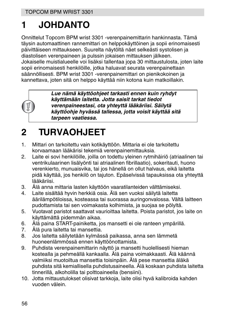 1johdanto, 2turvaohjeet | Topcom WRIST 3301 User Manual | Page 56 / 68