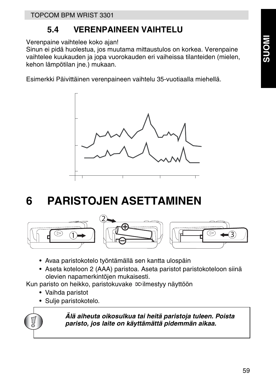 6paristojen asettaminen, Su om i 5.4 verenpaineen vaihtelu | Topcom WRIST 3301 User Manual | Page 59 / 68