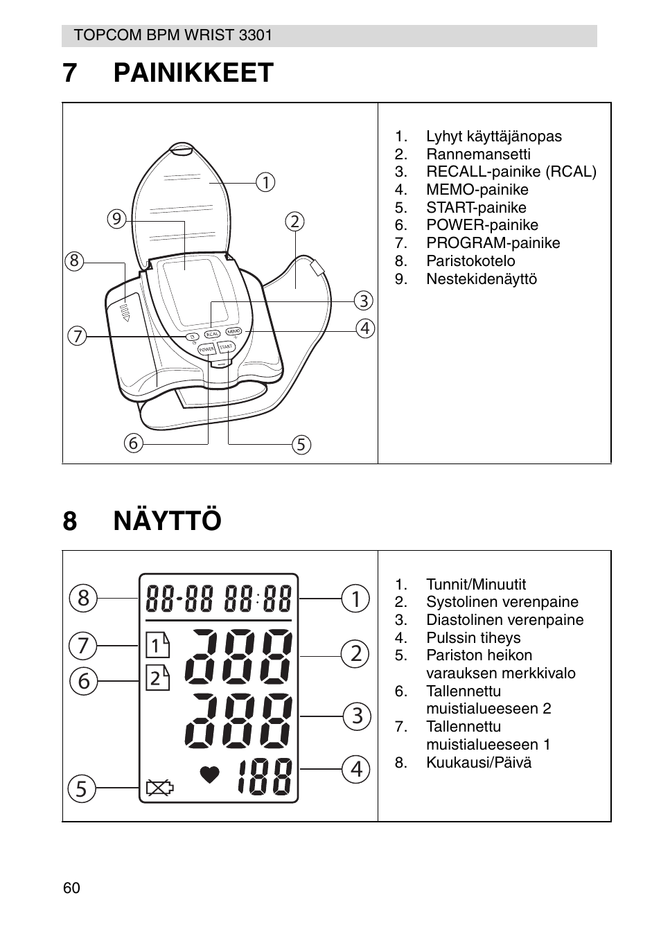 7painikkeet 8 näyttö | Topcom WRIST 3301 User Manual | Page 60 / 68