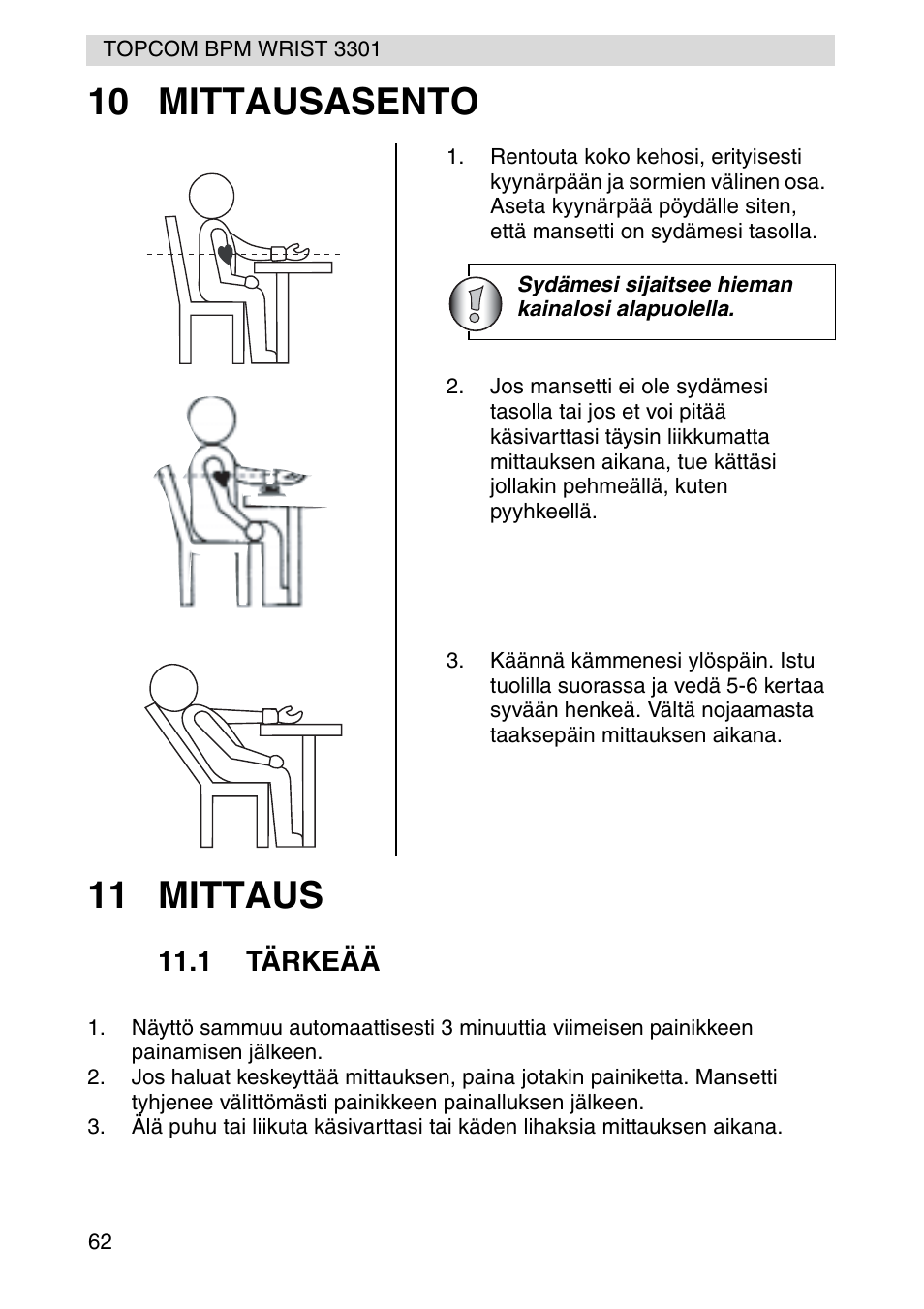 10 mittausasento 11 mittaus | Topcom WRIST 3301 User Manual | Page 62 / 68