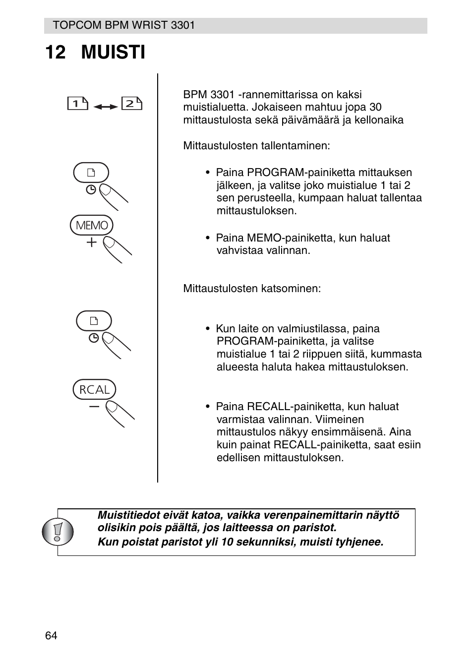 12 muisti | Topcom WRIST 3301 User Manual | Page 64 / 68