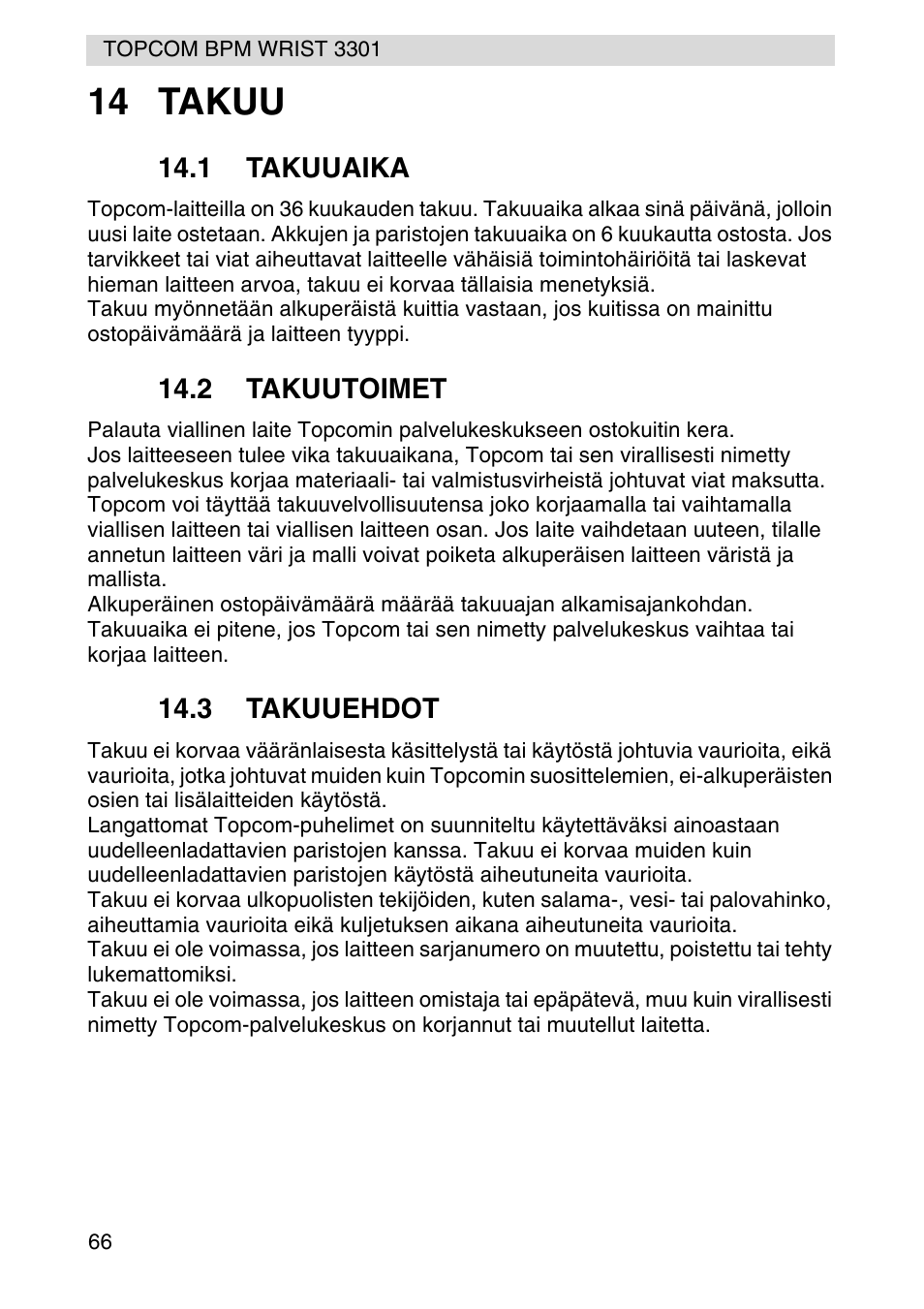 14 takuu | Topcom WRIST 3301 User Manual | Page 66 / 68