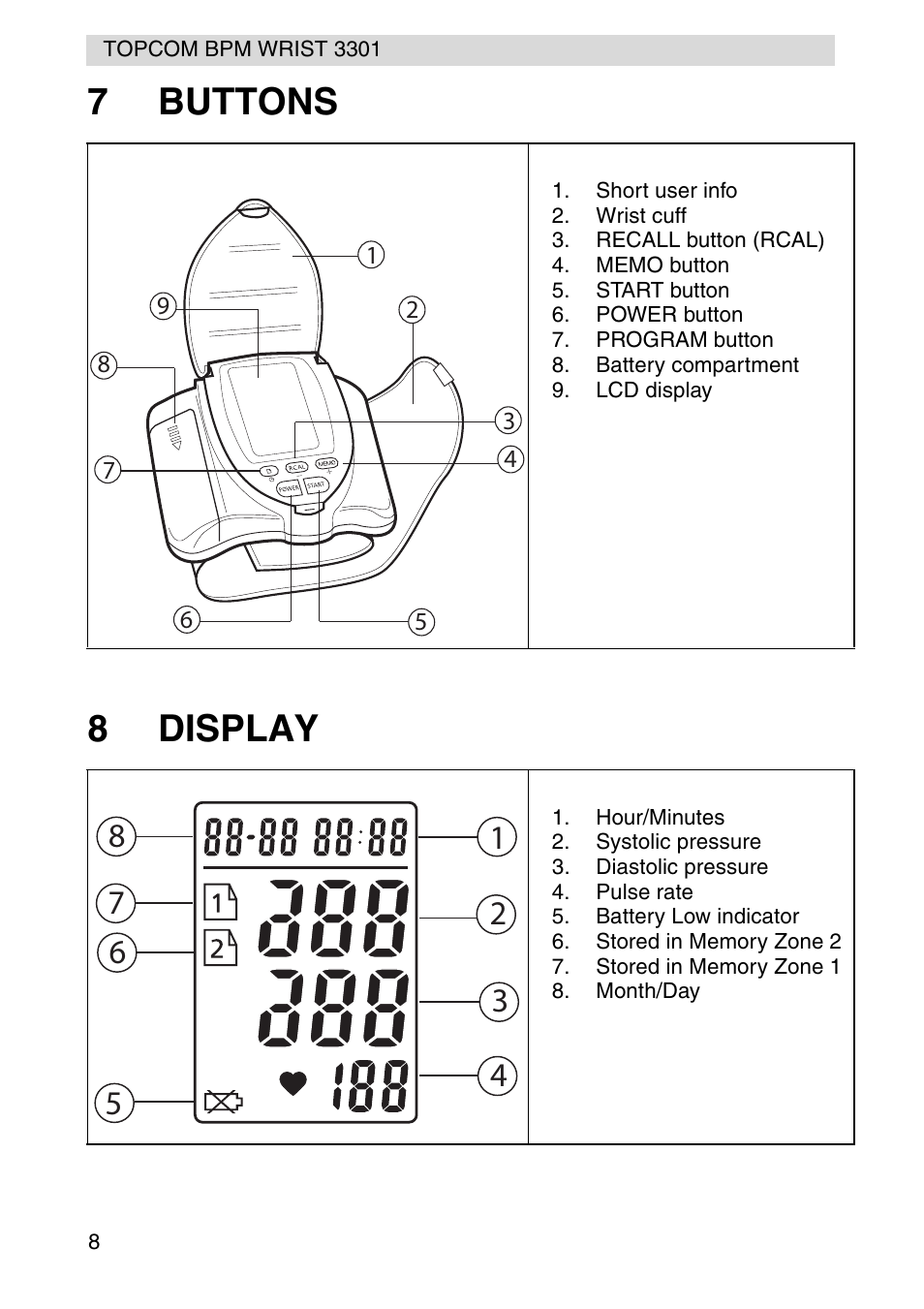 7buttons 8 display | Topcom WRIST 3301 User Manual | Page 8 / 68