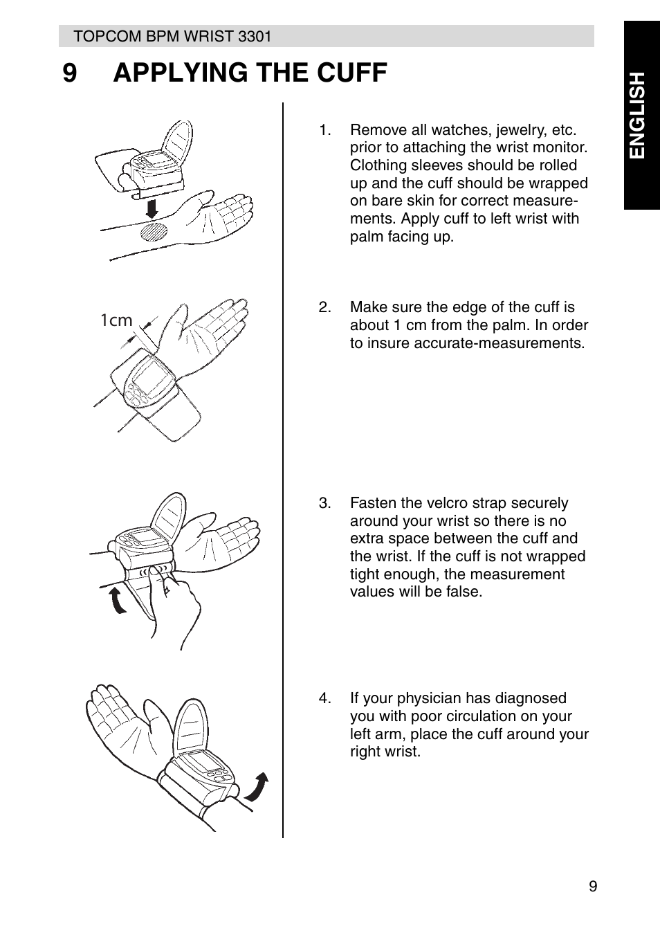 9applying the cuff | Topcom WRIST 3301 User Manual | Page 9 / 68