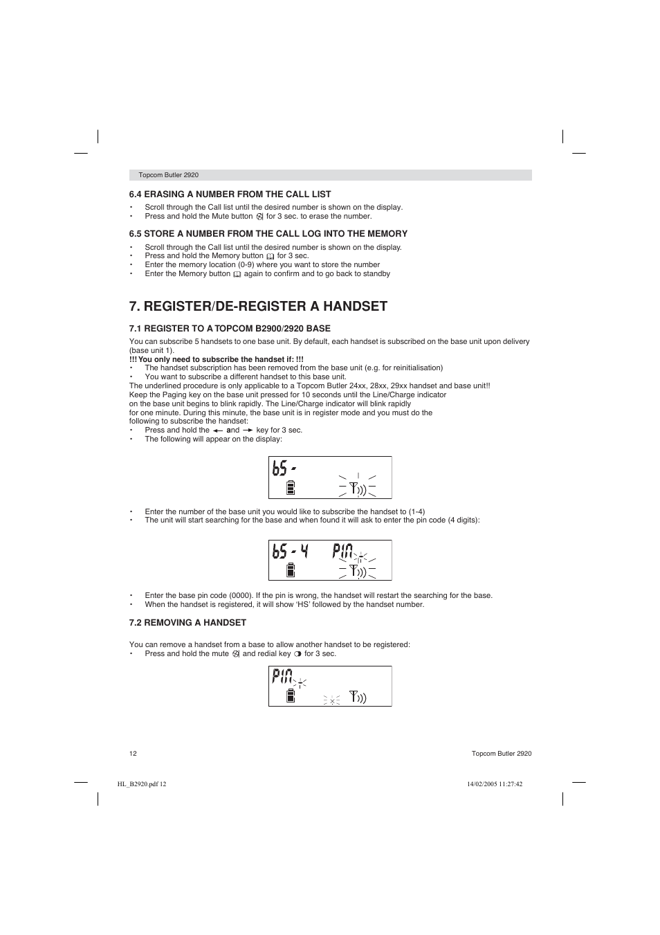 Register/de-register a handset | Topcom BUTLER 2920 User Manual | Page 12 / 68