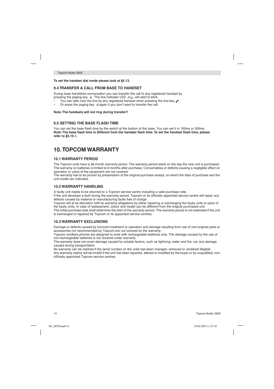 Topcom warranty | Topcom BUTLER 2920 User Manual | Page 14 / 68