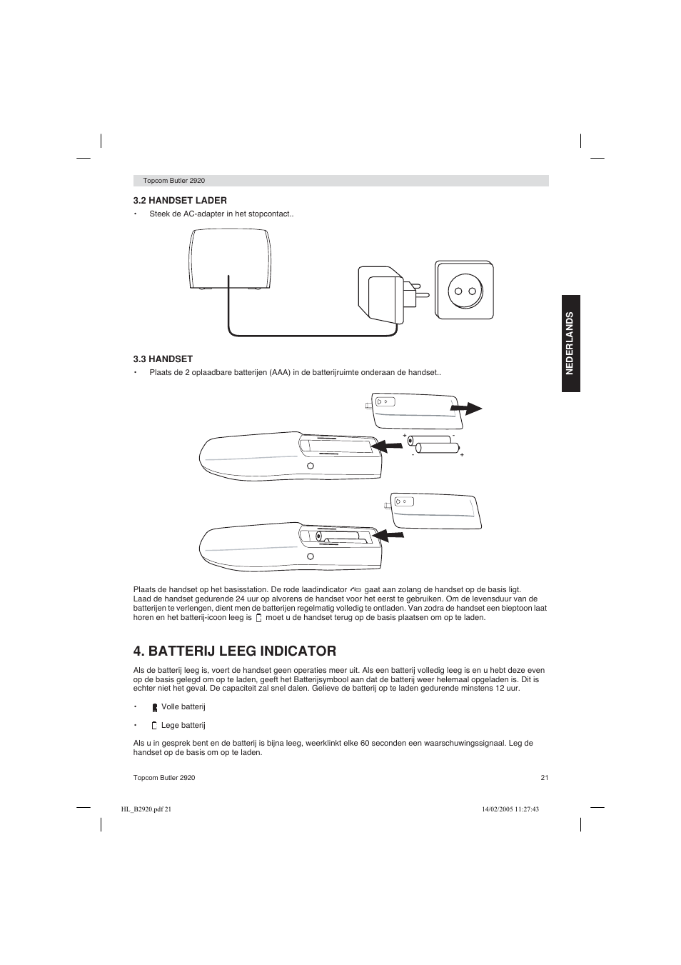 Batterij leeg indicator | Topcom BUTLER 2920 User Manual | Page 21 / 68
