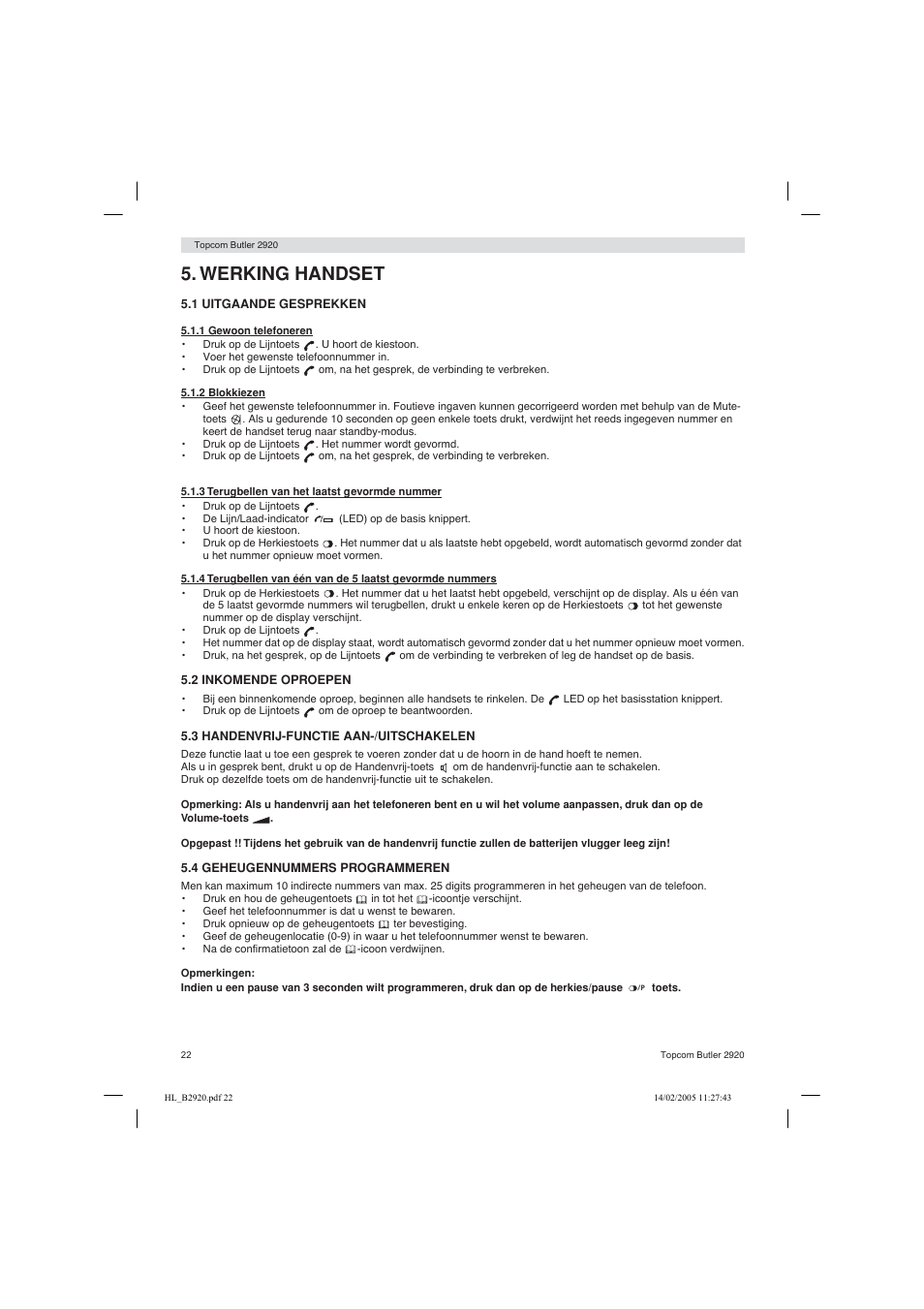 Werking handset | Topcom BUTLER 2920 User Manual | Page 22 / 68