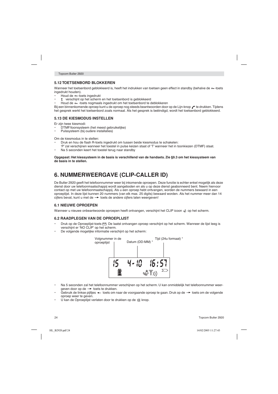 Nummerweergave (clip-caller id) | Topcom BUTLER 2920 User Manual | Page 24 / 68