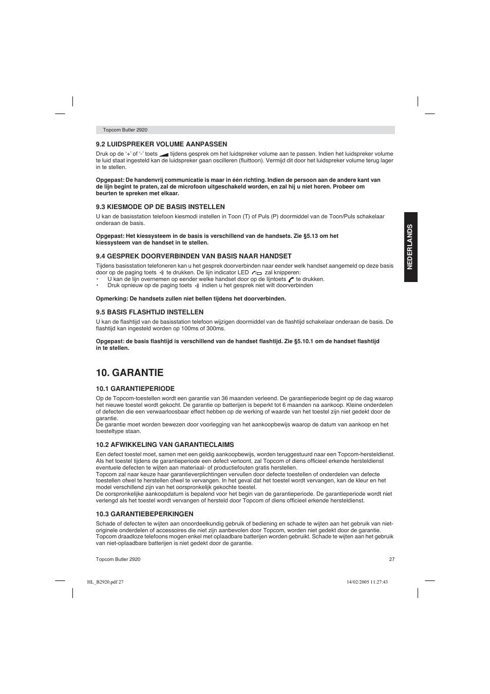 Garantie | Topcom BUTLER 2920 User Manual | Page 27 / 68