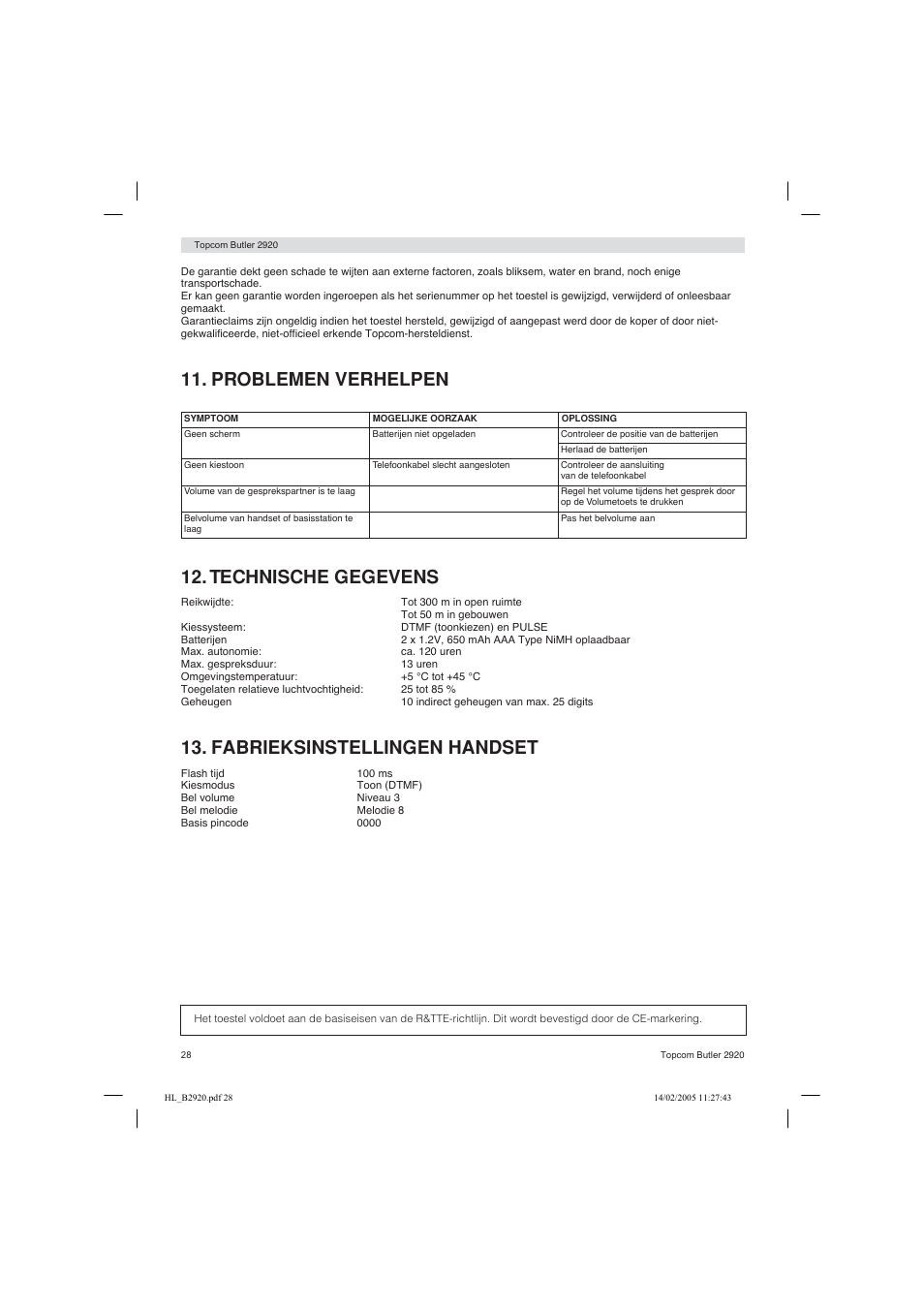 Problemen verhelpen 12. technische gegevens, Fabrieksinstellingen handset | Topcom BUTLER 2920 User Manual | Page 28 / 68
