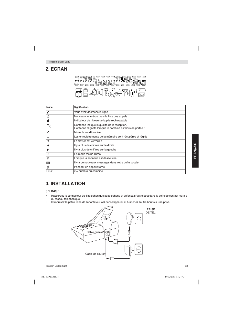 Ecran 3. installation | Topcom BUTLER 2920 User Manual | Page 33 / 68