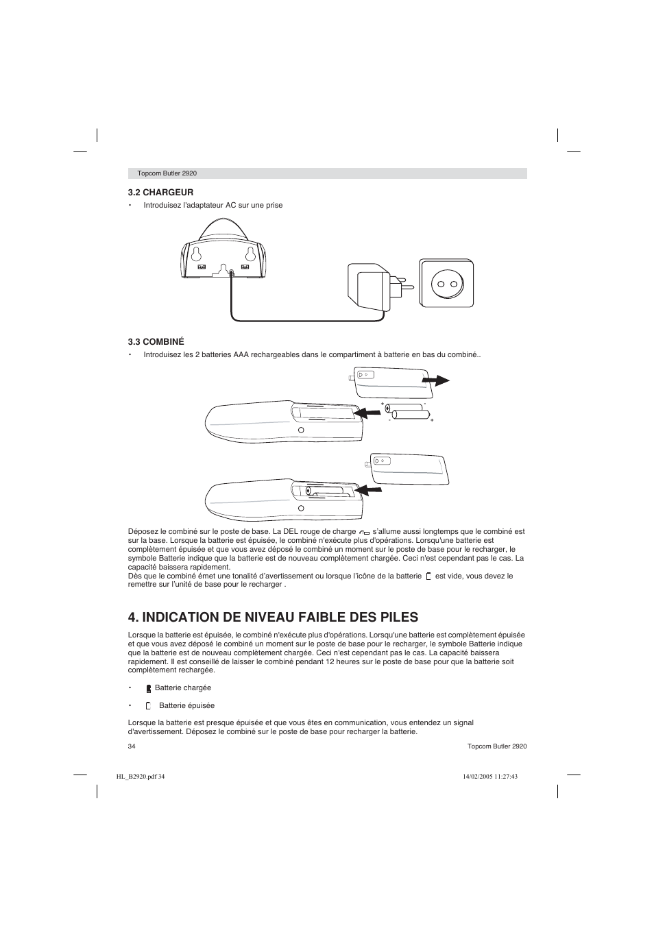 Indication de niveau faible des piles | Topcom BUTLER 2920 User Manual | Page 34 / 68