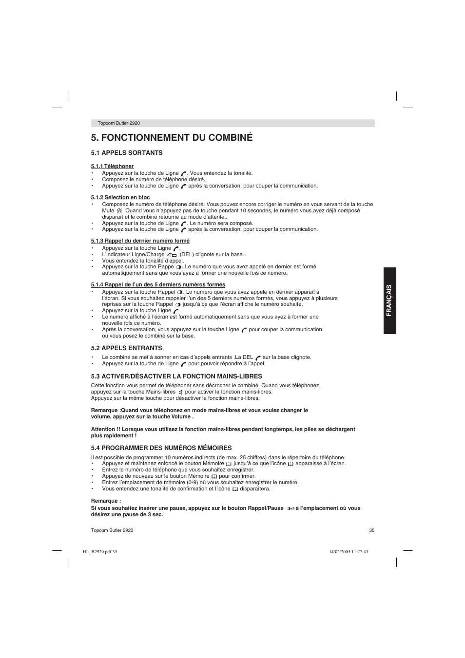 Fonctionnement du combiné | Topcom BUTLER 2920 User Manual | Page 35 / 68