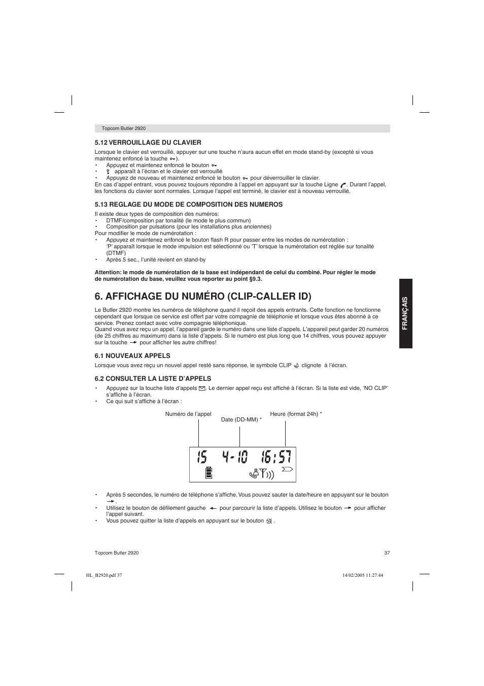 Affichage du numéro (clip-caller id) | Topcom BUTLER 2920 User Manual | Page 37 / 68