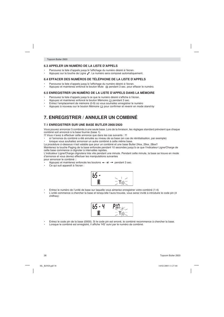 Enregistrer / annuler un combiné | Topcom BUTLER 2920 User Manual | Page 38 / 68
