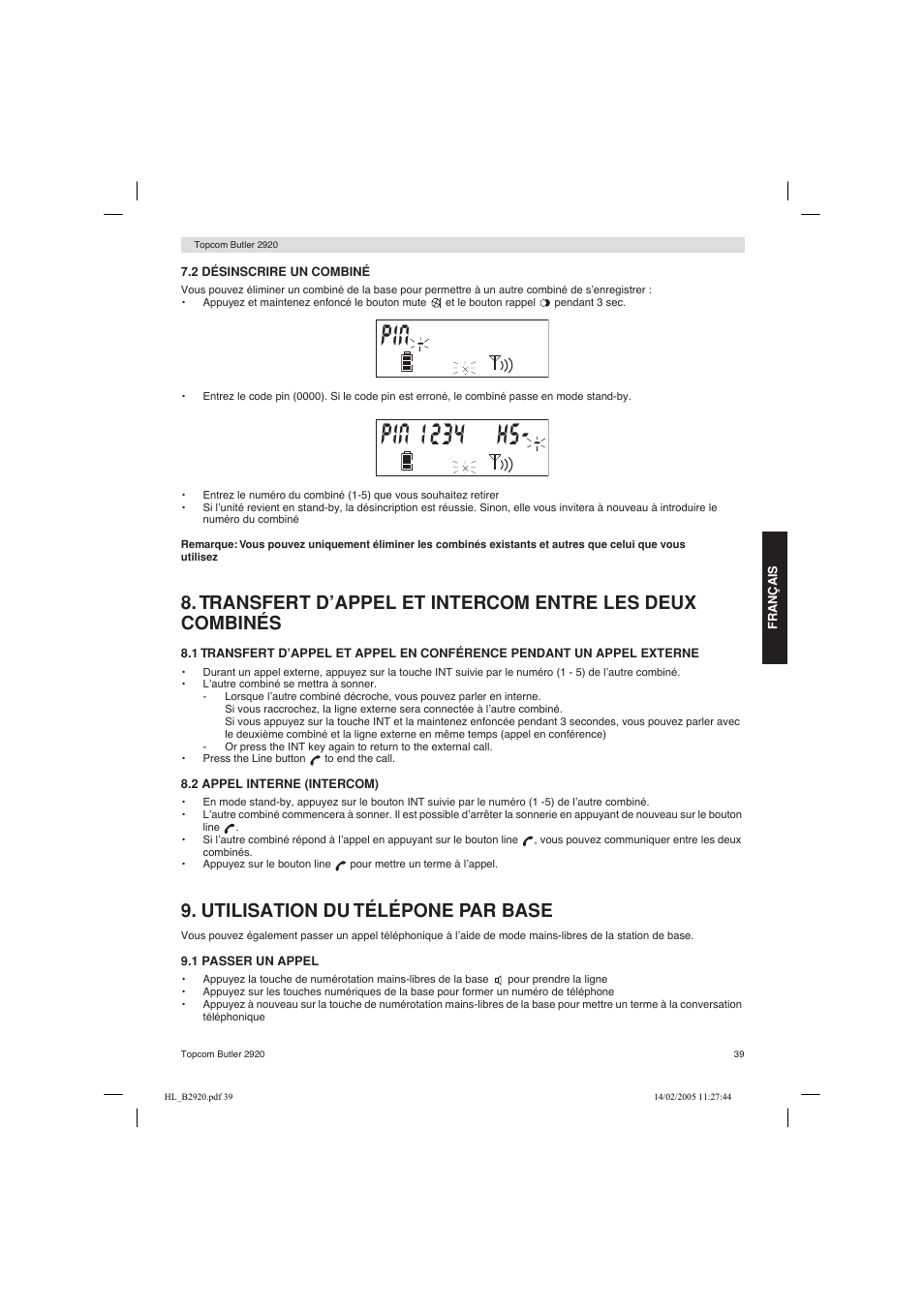 Utilisation du télépone par base | Topcom BUTLER 2920 User Manual | Page 39 / 68