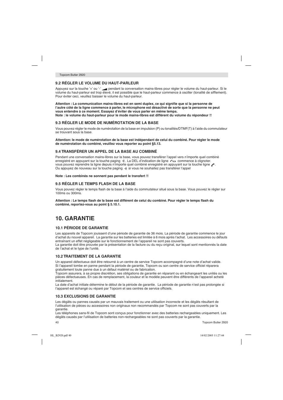 Garantie | Topcom BUTLER 2920 User Manual | Page 40 / 68