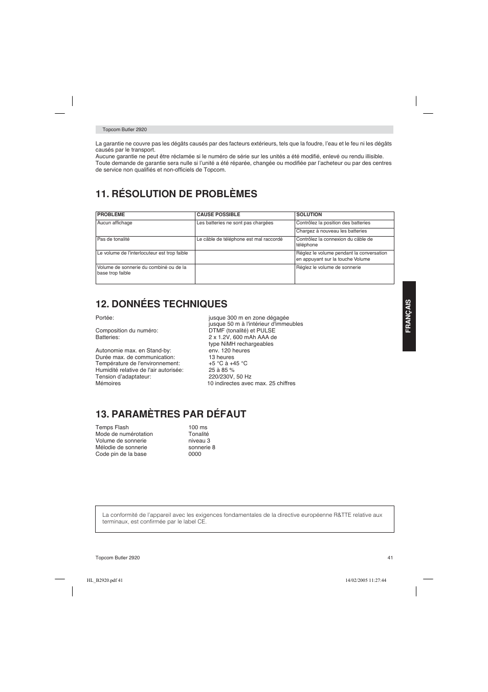 Résolution de problèmes 12. données techniques, Paramètres par défaut | Topcom BUTLER 2920 User Manual | Page 41 / 68
