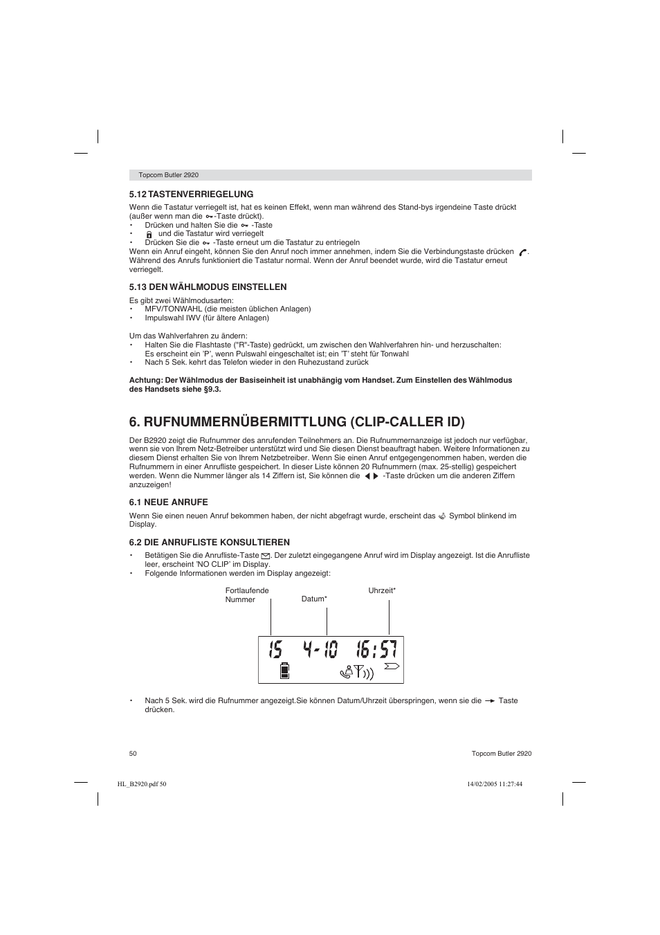 Rufnummernübermittlung (clip-caller id) | Topcom BUTLER 2920 User Manual | Page 50 / 68