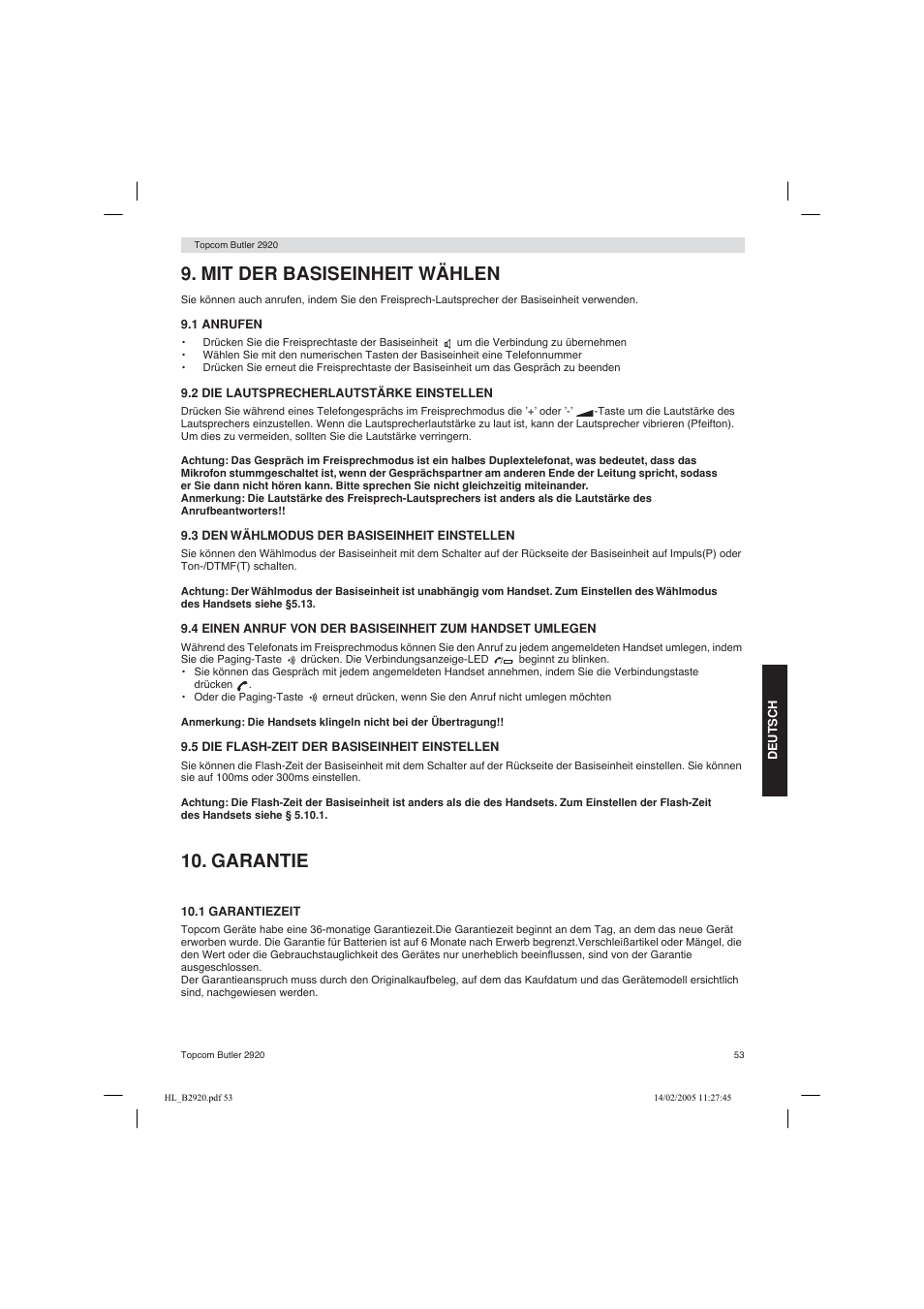 Mit der basiseinheit wählen, Garantie | Topcom BUTLER 2920 User Manual | Page 53 / 68