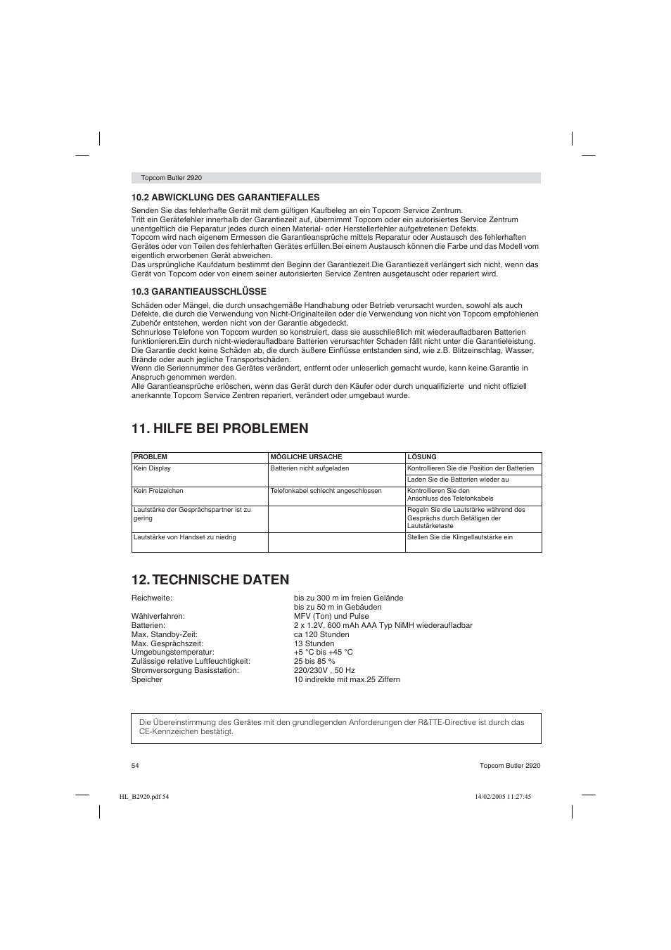 Hilfe bei problemen 12. technische daten | Topcom BUTLER 2920 User Manual | Page 54 / 68