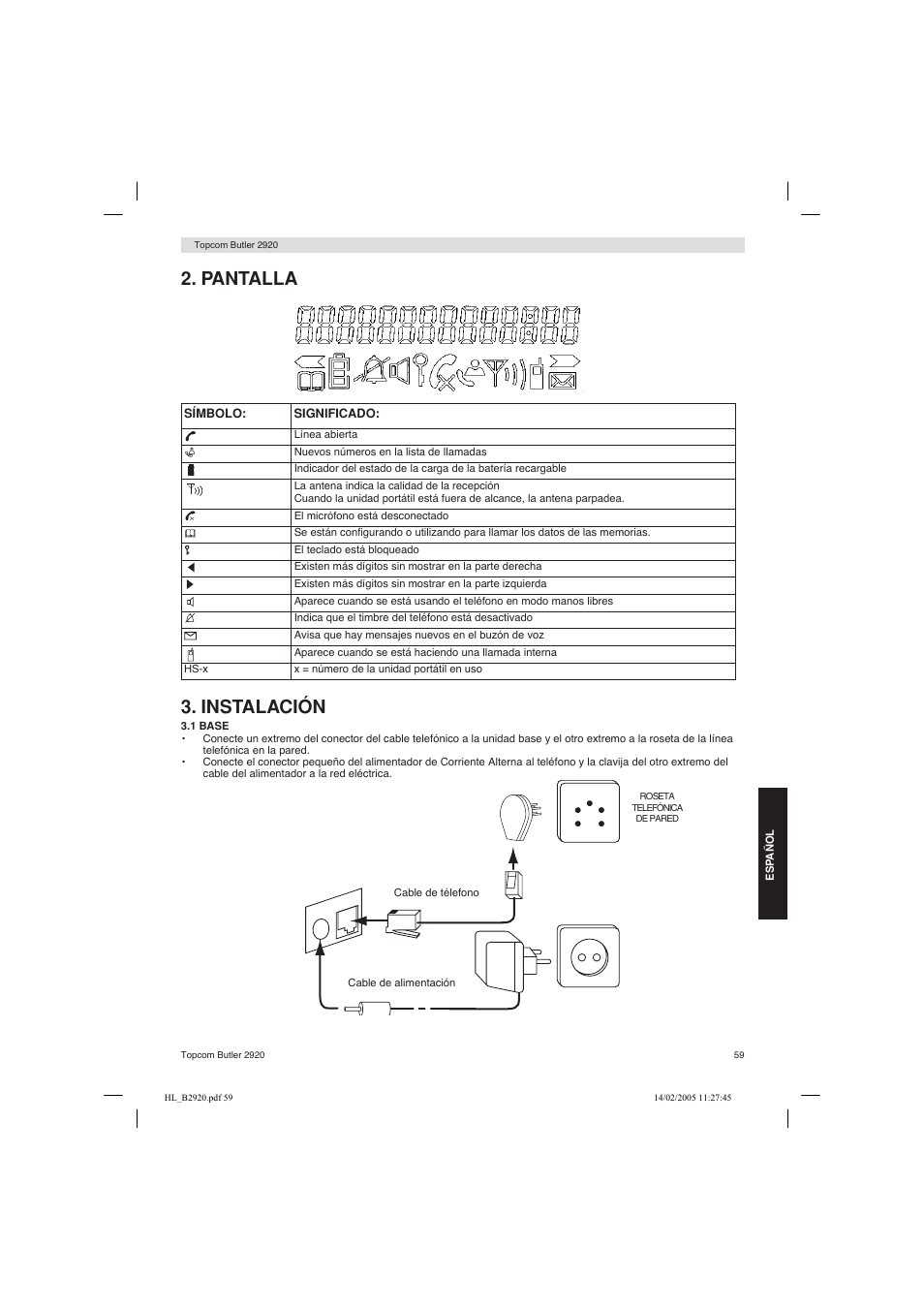 Pantalla 3. instalación | Topcom BUTLER 2920 User Manual | Page 59 / 68