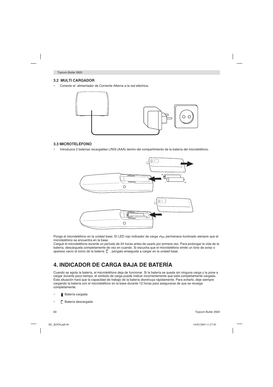 Indicador de carga baja de batería | Topcom BUTLER 2920 User Manual | Page 60 / 68
