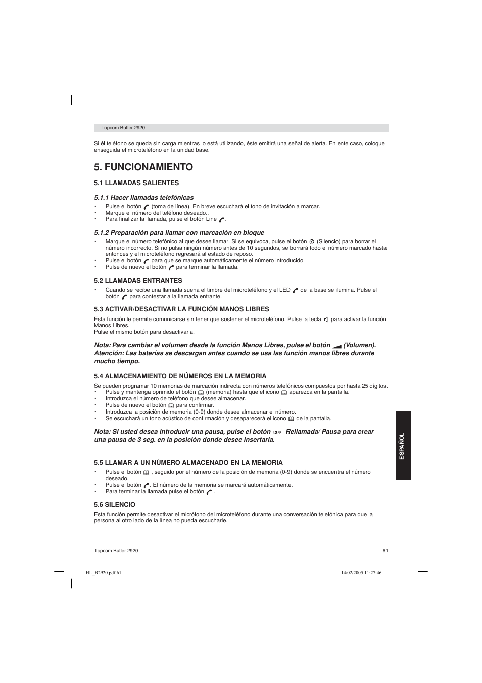 Funcionamiento | Topcom BUTLER 2920 User Manual | Page 61 / 68