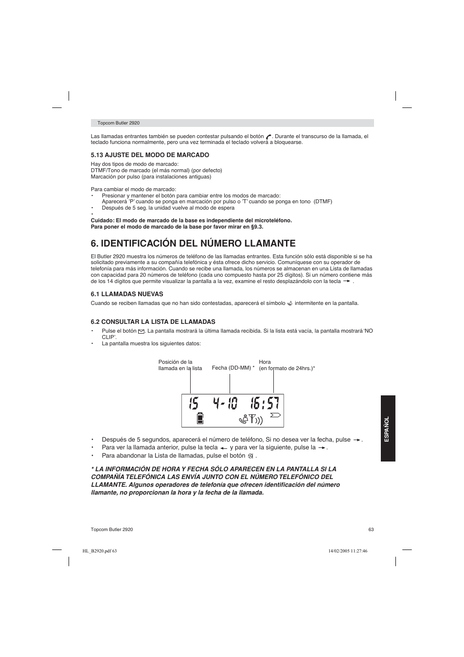 Identificación del número llamante | Topcom BUTLER 2920 User Manual | Page 63 / 68