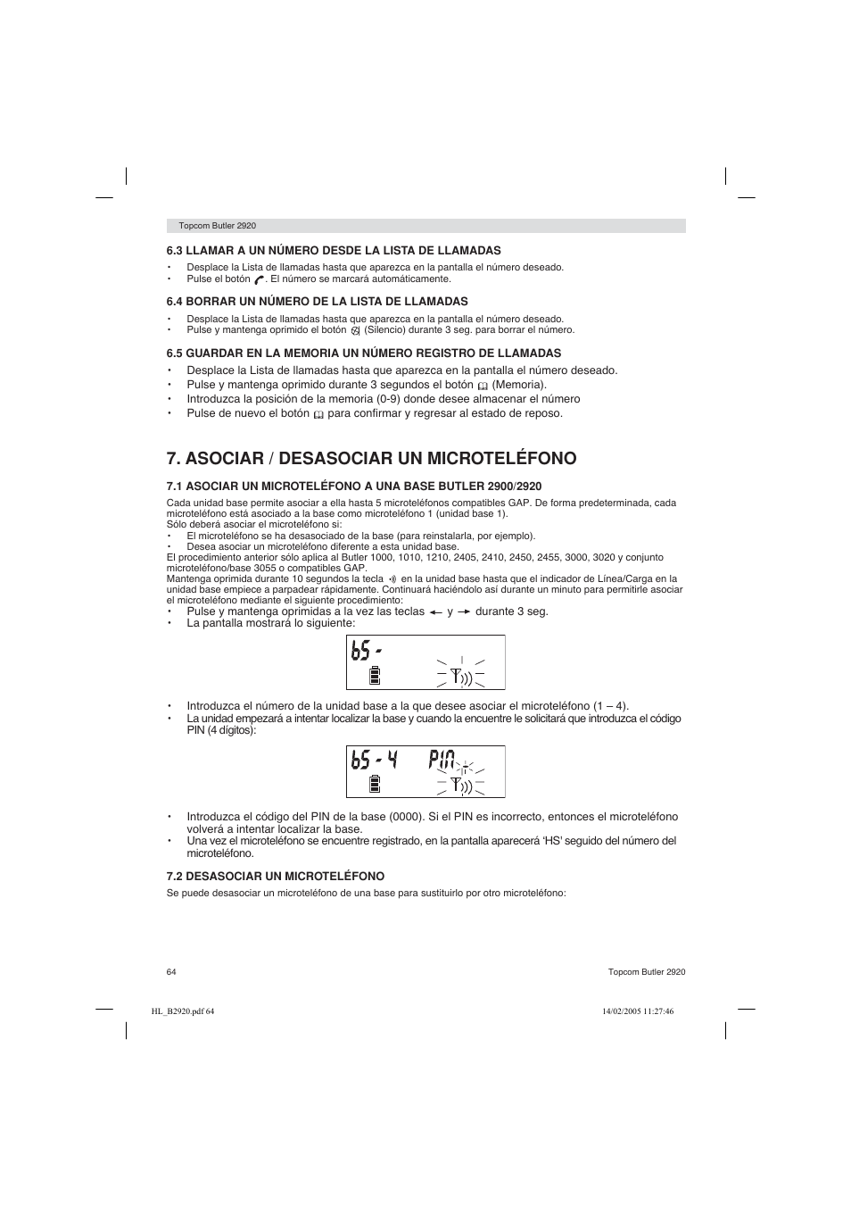 Asociar / desasociar un microteléfono | Topcom BUTLER 2920 User Manual | Page 64 / 68